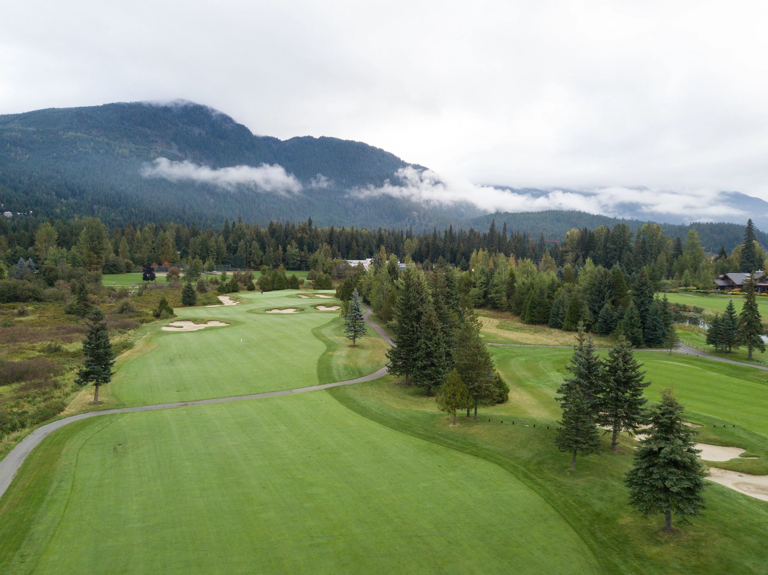 High angle view across a manicured golf course