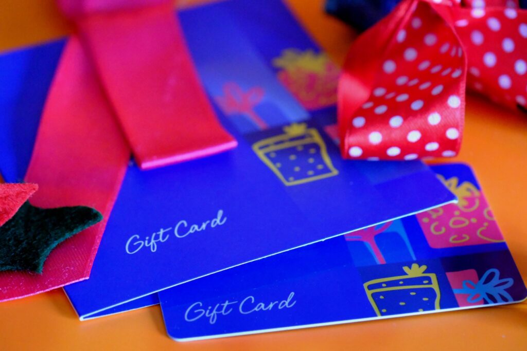 Detailed close-up view of Valentine's Day and Christmas gift cards.