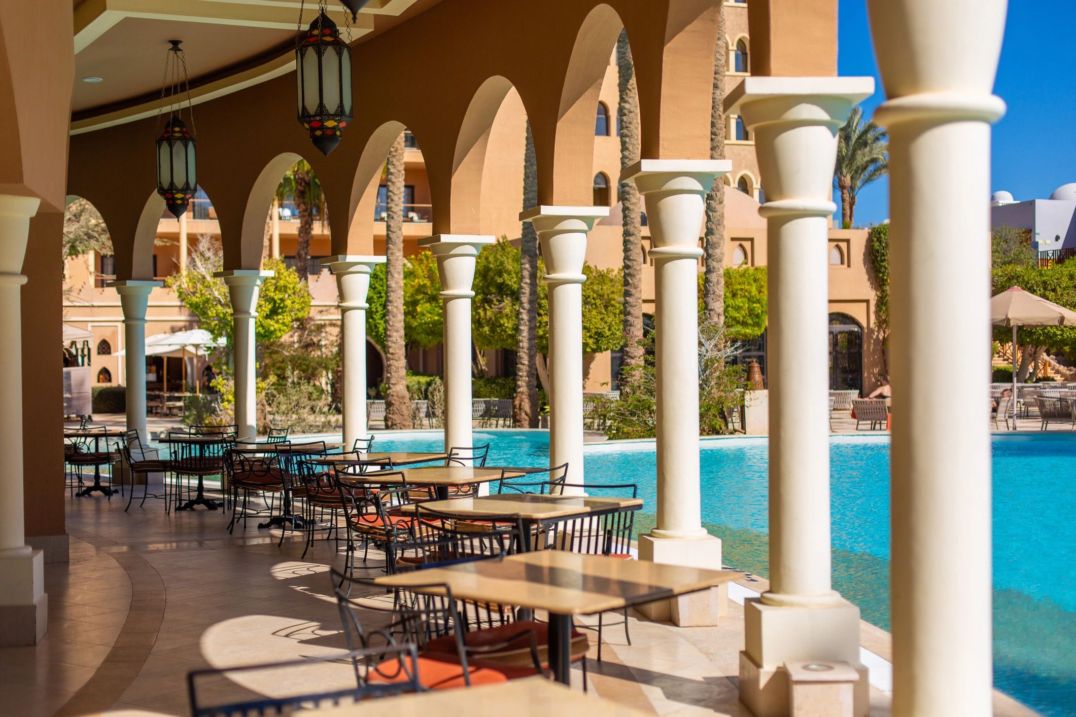 Upscale resort terrace with outdoor seating
